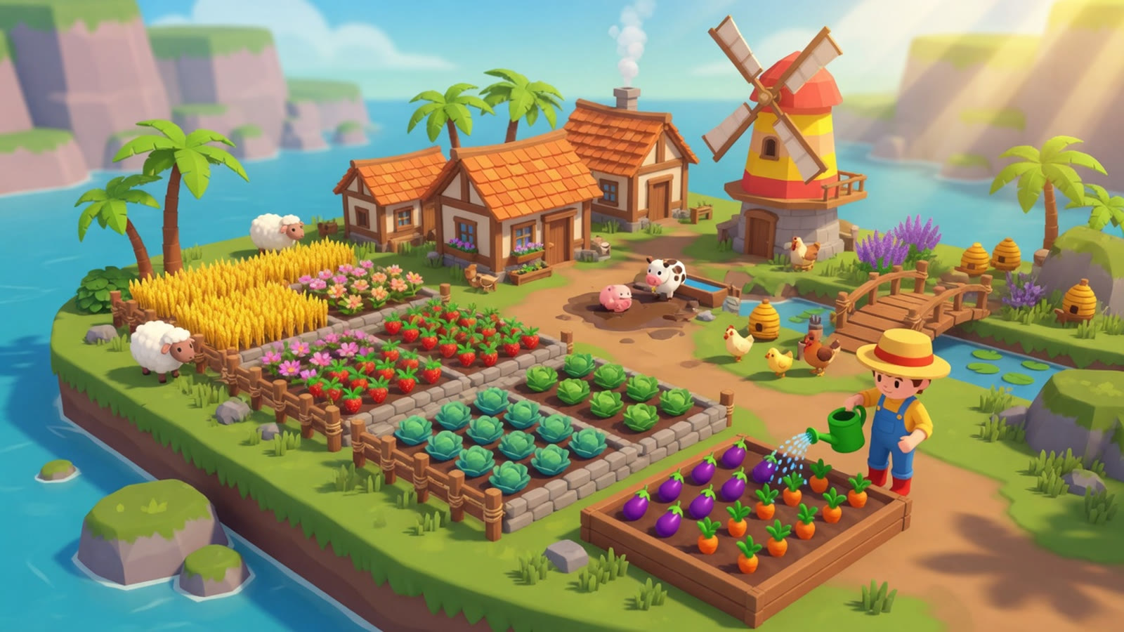 Sprout Cove still: a tiny island farm with crops, a windmill, and a farmer watering carrots