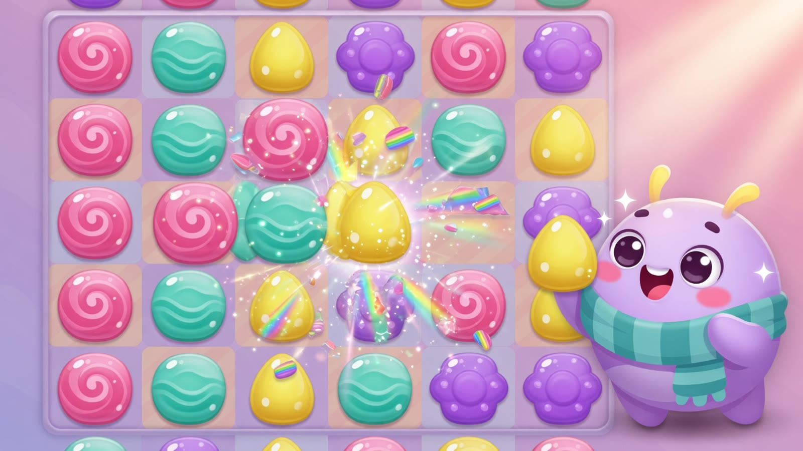 Gloop Pop still: pastel candy gems and Bloop holding a yellow drop