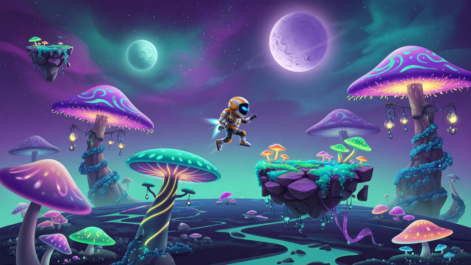 Lumen Drifter still: an astronaut jetpacking between glowing mushroom islands
